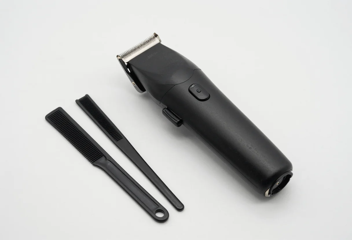 Black cordless hair clipper with metal cutting blade and two combs