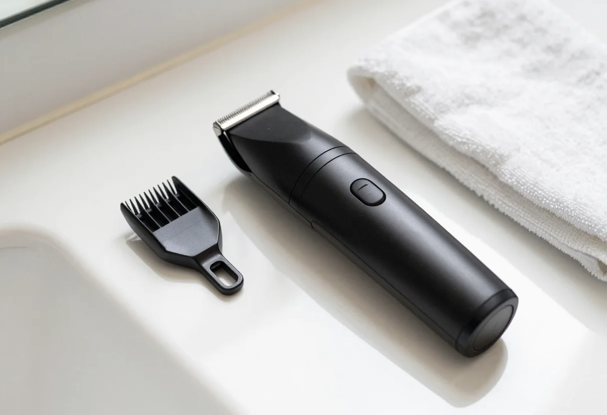 Black electric beard trimmer and detached comb attachment beside a folded towel