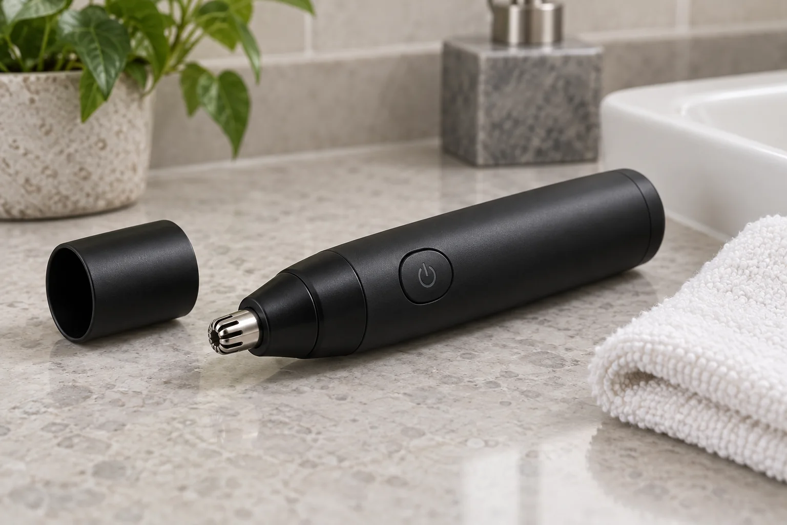 Black rotary nose hair trimmer with protective metal guard and detached cap