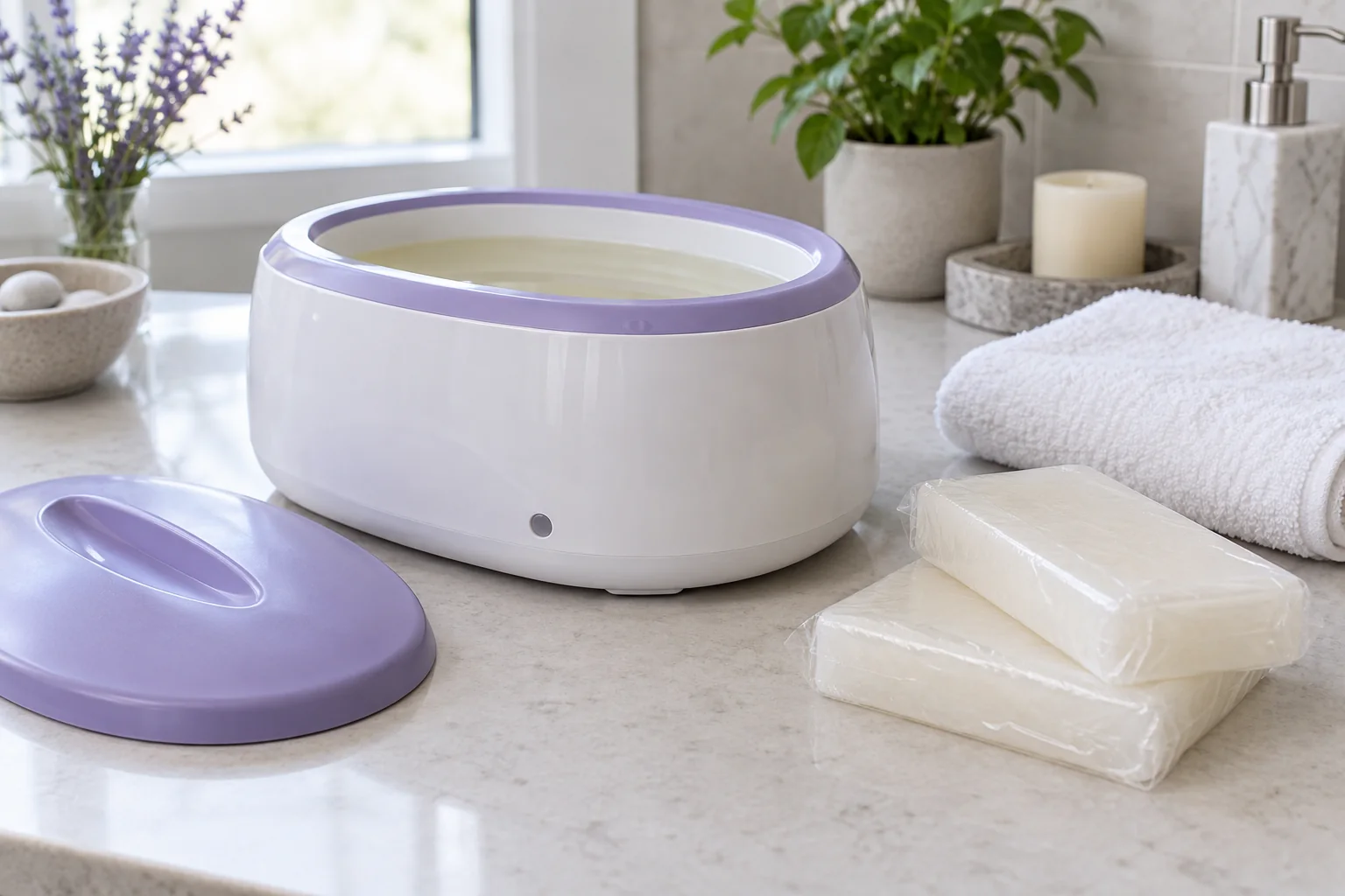 White paraffin wax bath with lavender lid, wax blocks and folded towel