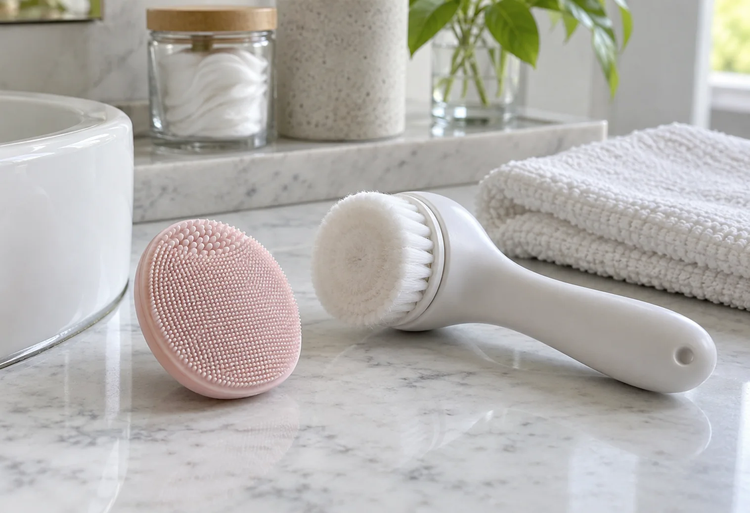 Pink silicone cleansing pad beside a white facial brush and folded washcloth