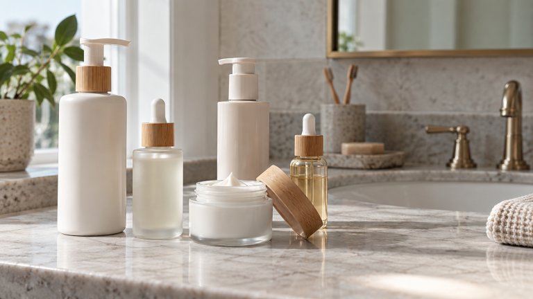 Plain skincare bottles and an open jar of cream