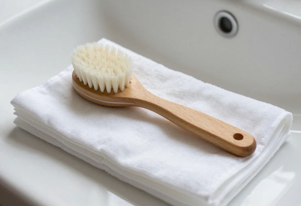 Wooden facial cleansing brush on a folded white washcloth beside a sink