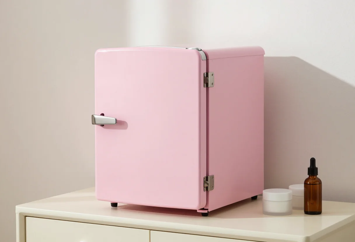 Pink beauty mini fridge with skincare jars and an amber bottle on a cream vanity