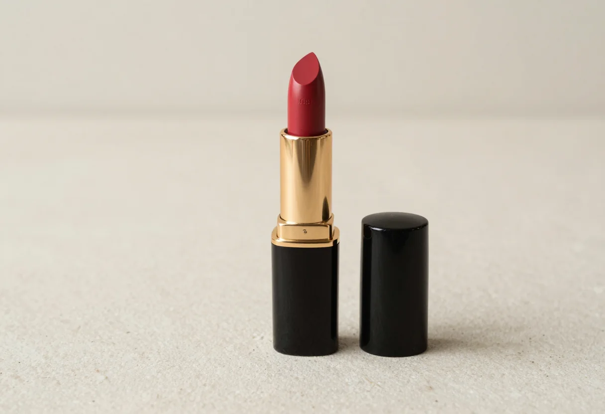 Rose-red lipstick in a black and gold tube beside its cap