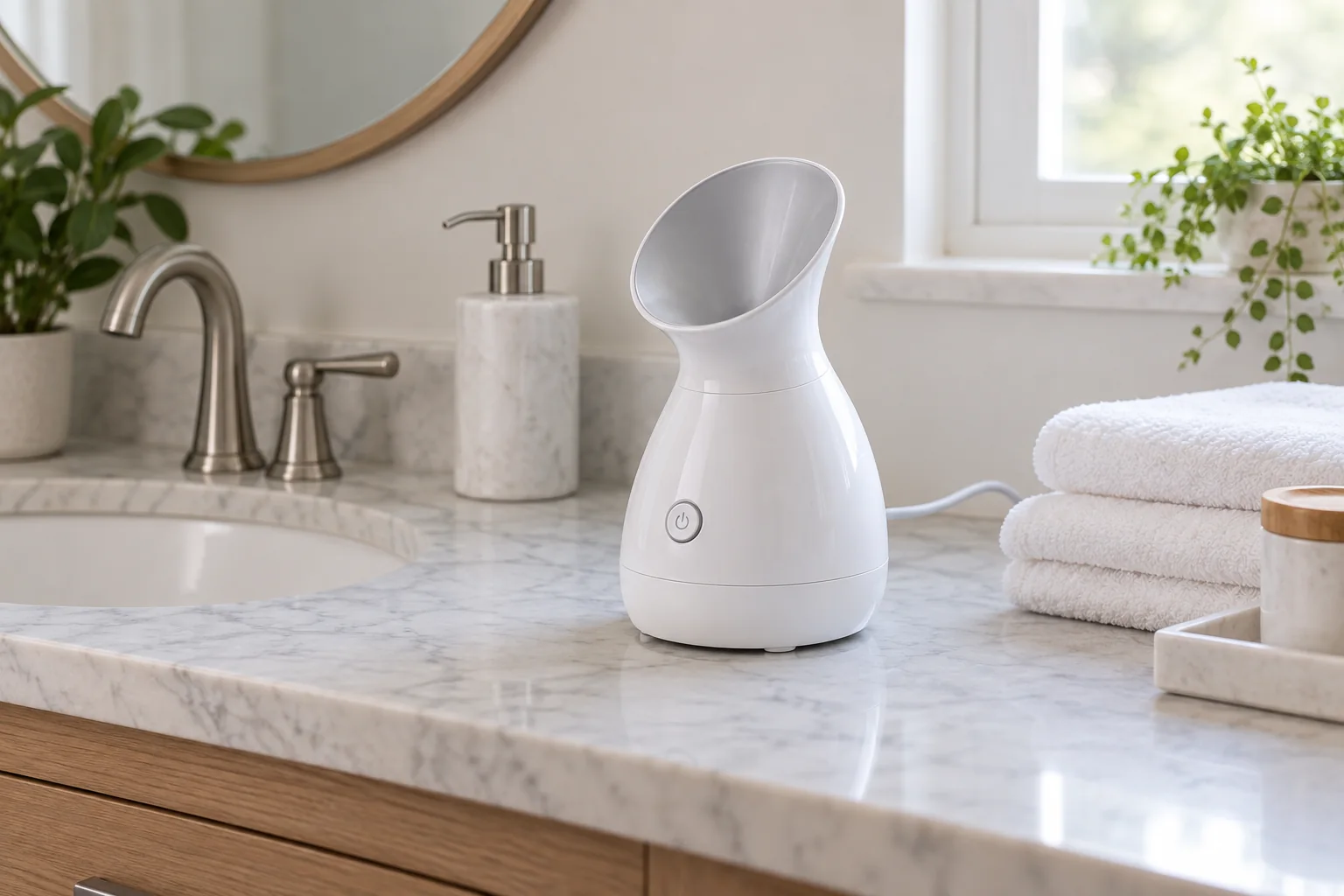 White tabletop facial steamer beside folded towels on a bathroom vanity