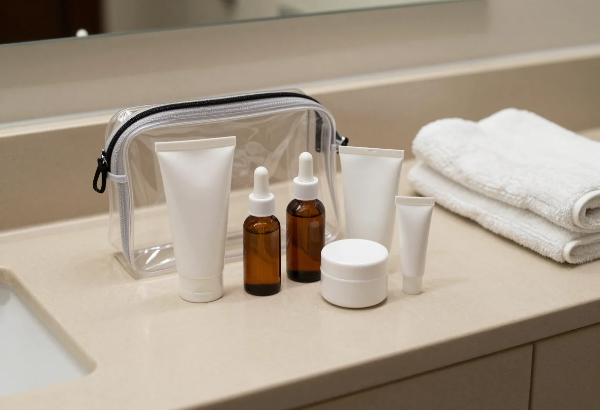 Unbranded skincare tubes, amber bottles and a cream jar beside a clear travel pouch